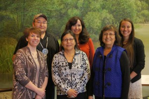 Members of the Ho-Chunk Nation inside the Ziibiwing exhibit. Back row: Bill Quackenbusch, Amy Lonetree, Josie Lee. Front row: Bethany Redbird, Paula Cleaveland, Janice Rice