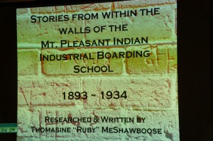 Images were shown of the Mount Pleasant Indian Industrial Boarding School along with Institute participants playing various roles in the Reader's Theater. The event took place Tuesday evening.