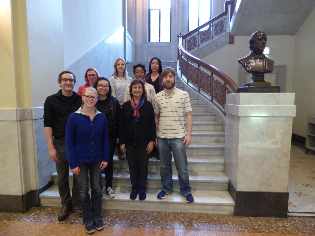 TLAM visits the Newberry Library of Chicago. Pictured left to right, front to back: Abigail Cahill, Omar Poler, Andrea Olvera-Trjo, Janice Rice, Ryan Welle, Ayer Reference Librarian Seonaid Valiant, Courtney Becks, Sarah Lundquist, and D’Arcy McNickle Center for American Indian and Indigenous Studies Director Patricia Marroquin-Norby. 