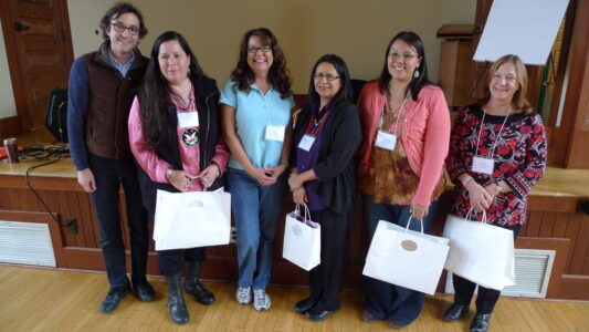 The conference planner, host, and speakers pose for a picture: Omar Poler, Shannon Martin, Rita Lara, Debbie Reese, Janice Kowemy, and Mary Olson Omar, our Presenters, and Rita pose for a picture
