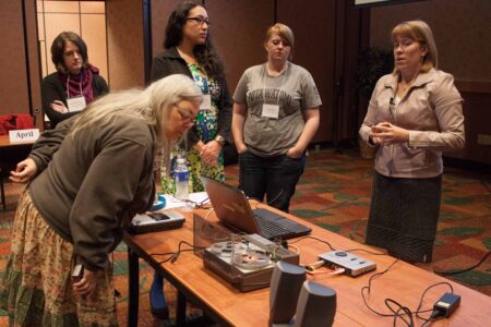Anita, Jasmine, Sam, and Stacey in the Audio Digitization class